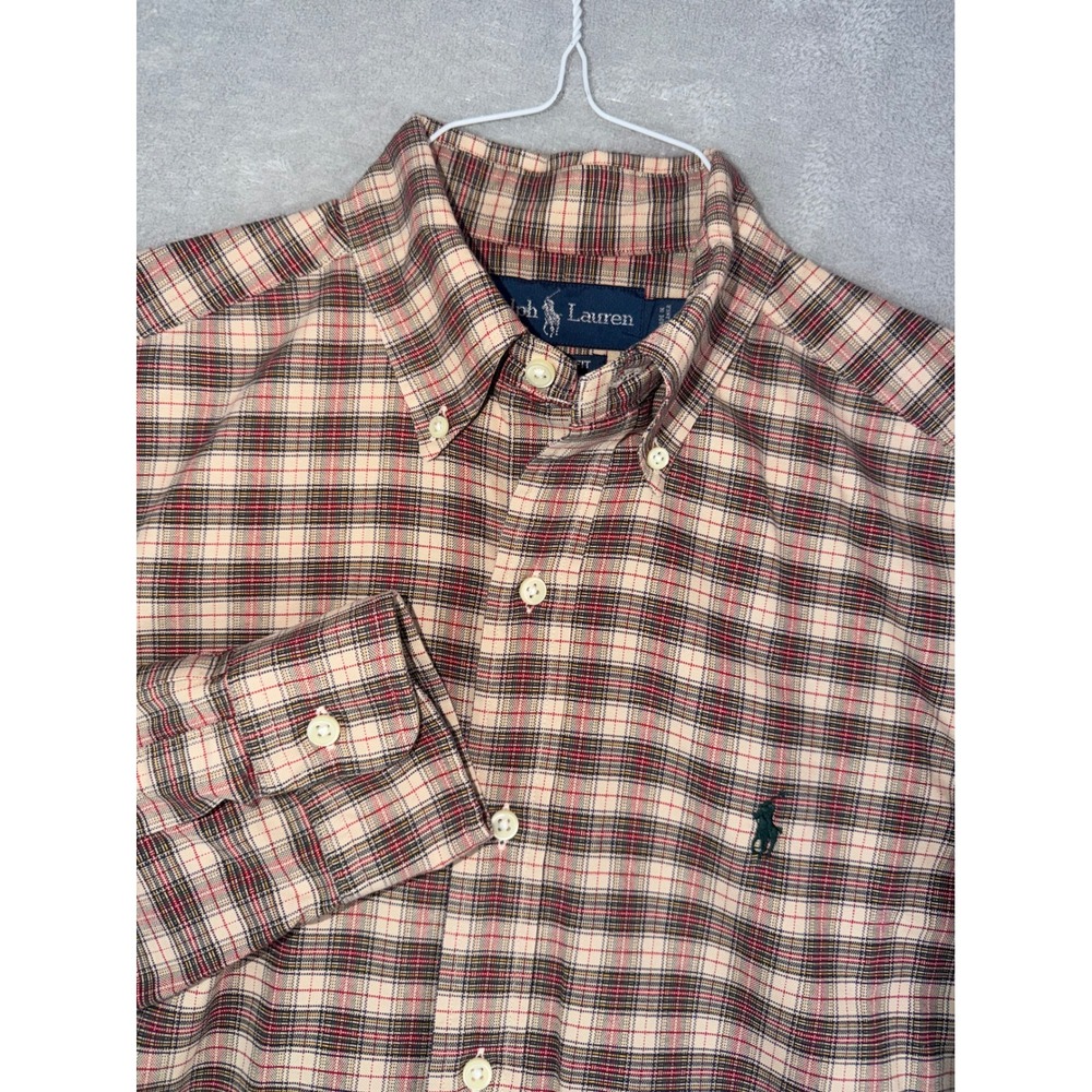 Ralph Lauren Mens Small Classic Fit Plaid Button Down Shirt Red Tan Long Sleeve